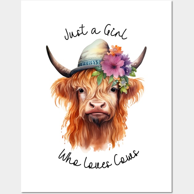 Just a Girl Who Loves Cows Highland Cow Watercolor Art Wall Art by AdrianaHolmesArt